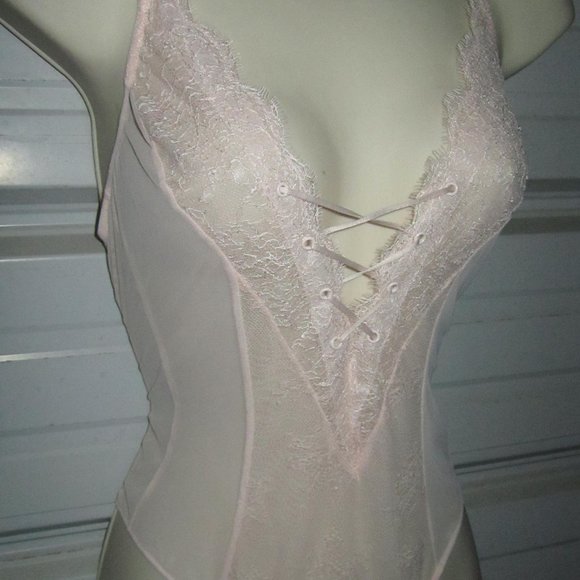 Size XS Pink Lace up Look Lingerie Sheer Lace Bodysuit,teddy Victoria's Secret - Picture 4 of 7